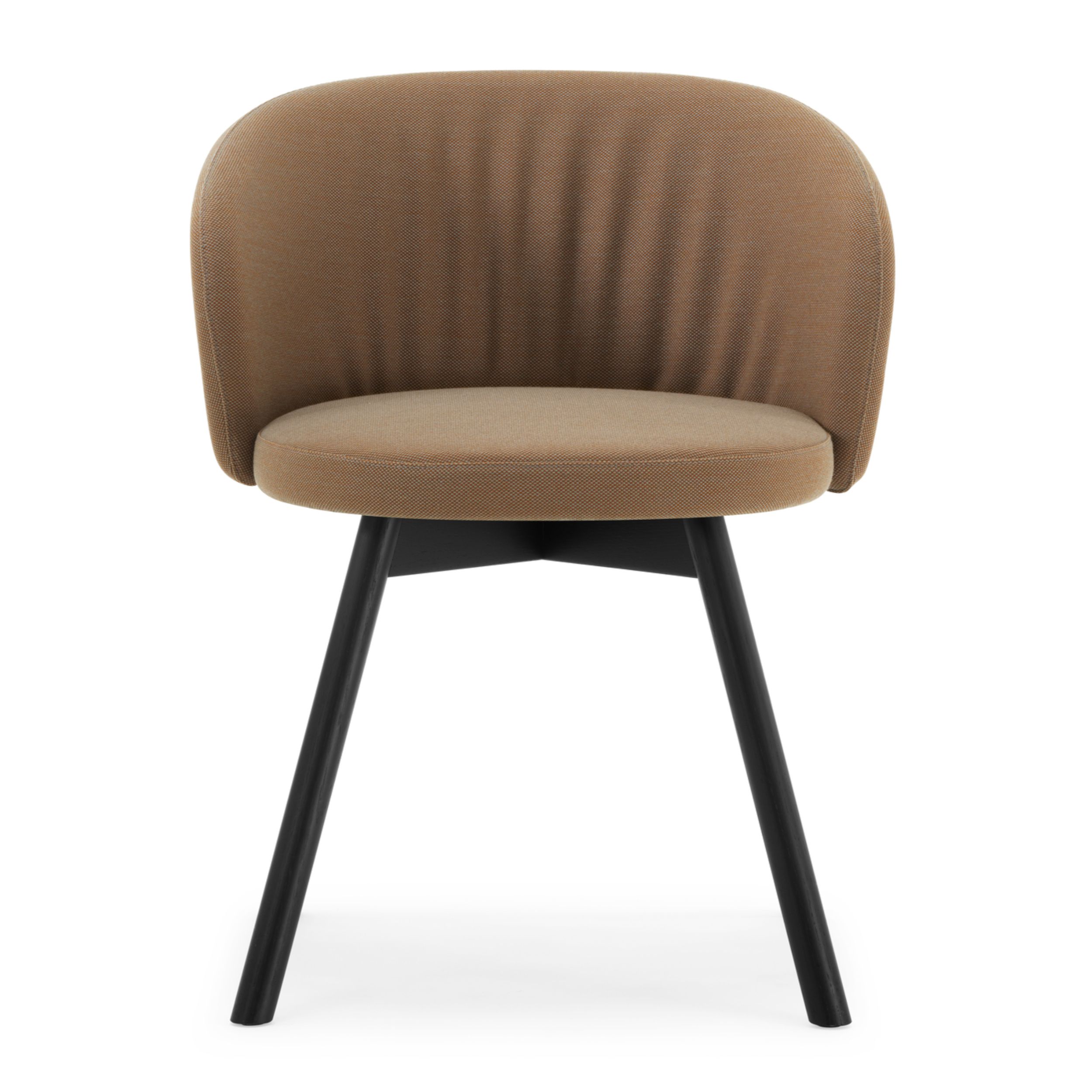 Zu sehen ist ein Stuhl, Modell Biala von Girsberger, mit braunem Stoffbezug und schwarzen Holzbeinen; Sitz und Rückenlehne sind rund. Der Stuhl ist in frontaler Ansicht vor einem weißen Hintergrund zu sehen.