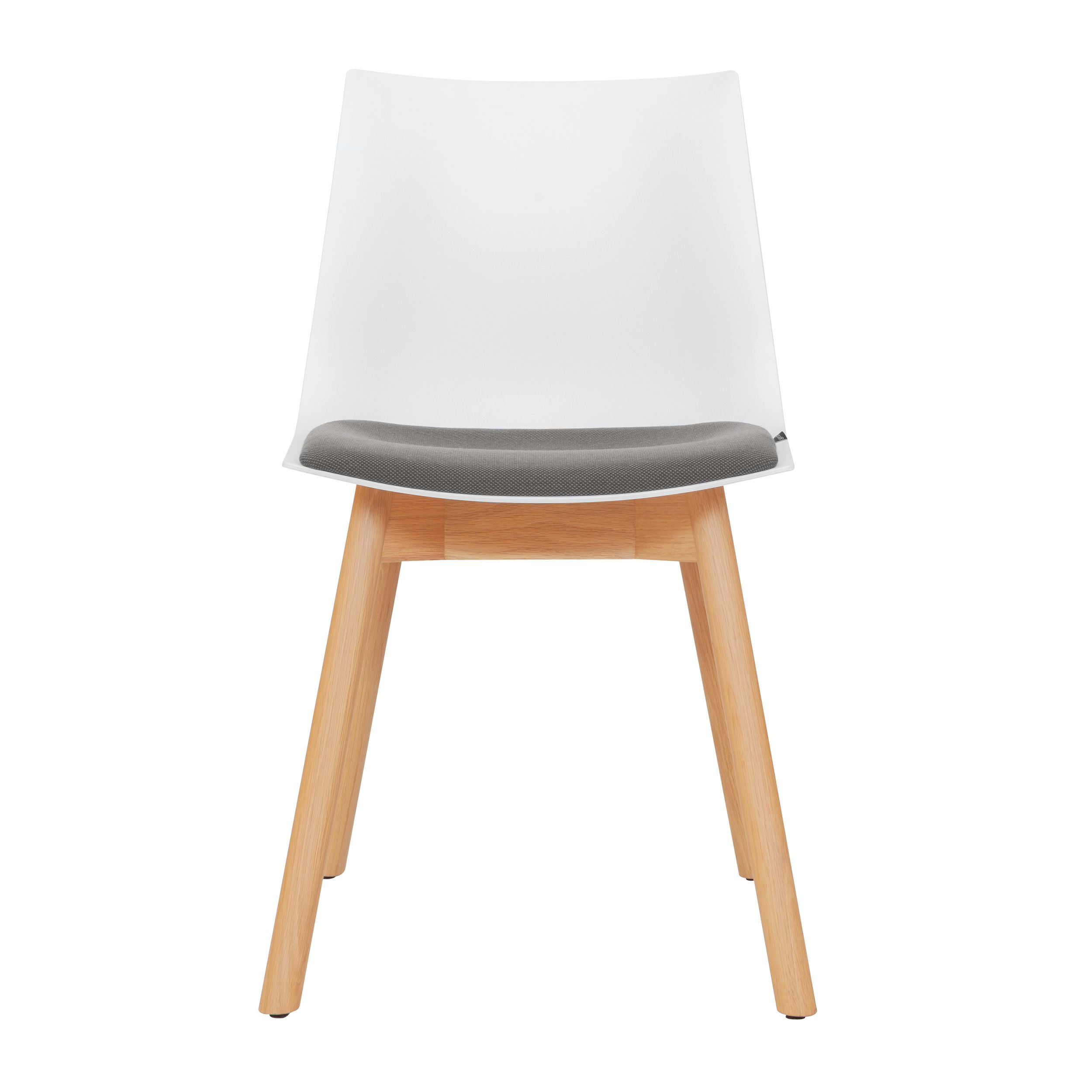 Zu sehen ist in frontaler Ansicht der Schalenstuhl Nava von Girsberger vor einem weißen Hintergrund. Der Stuhl hat eine weiße Schale mit einem dunklen Sitzpolster und ein Untergestell aus heller Eiche.