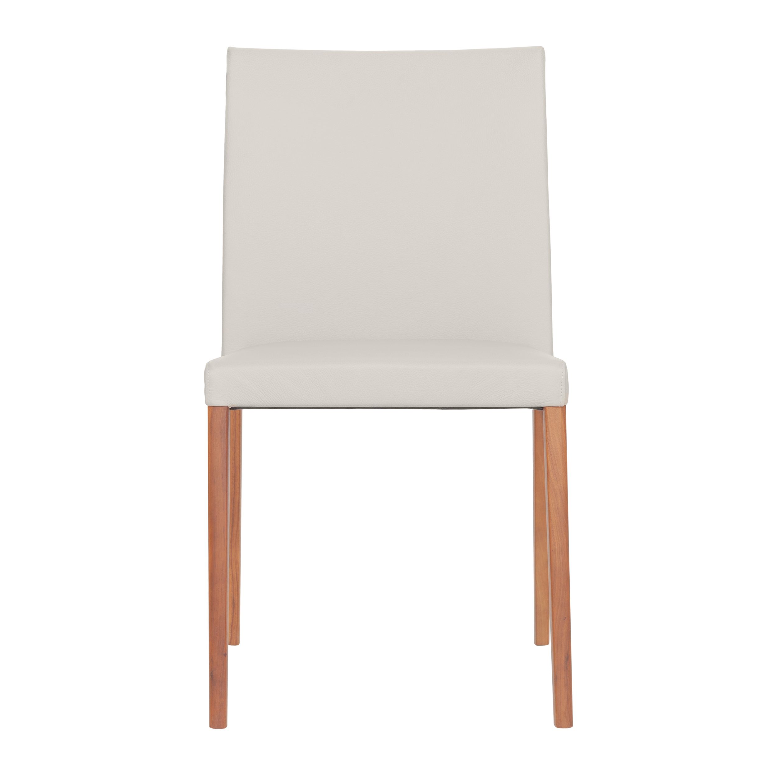 Eleganter Esszimmerstuhl mit cremebeigem Lederbezug und Holzbeinen, Modell Jason Lite von Walter Knoll, in frontaler Ansicht vor einem weißen Hintergrund.
