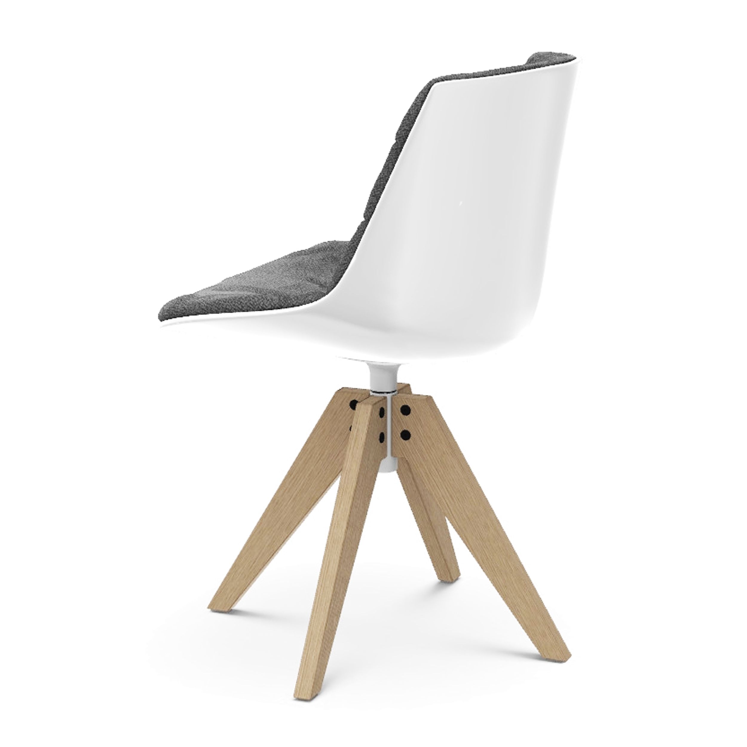 Schalenstuhl Flow Chair mit weißer Schale, grauem Stoffbezug und Holzuntergestell als Freisteller von schräg hinten.