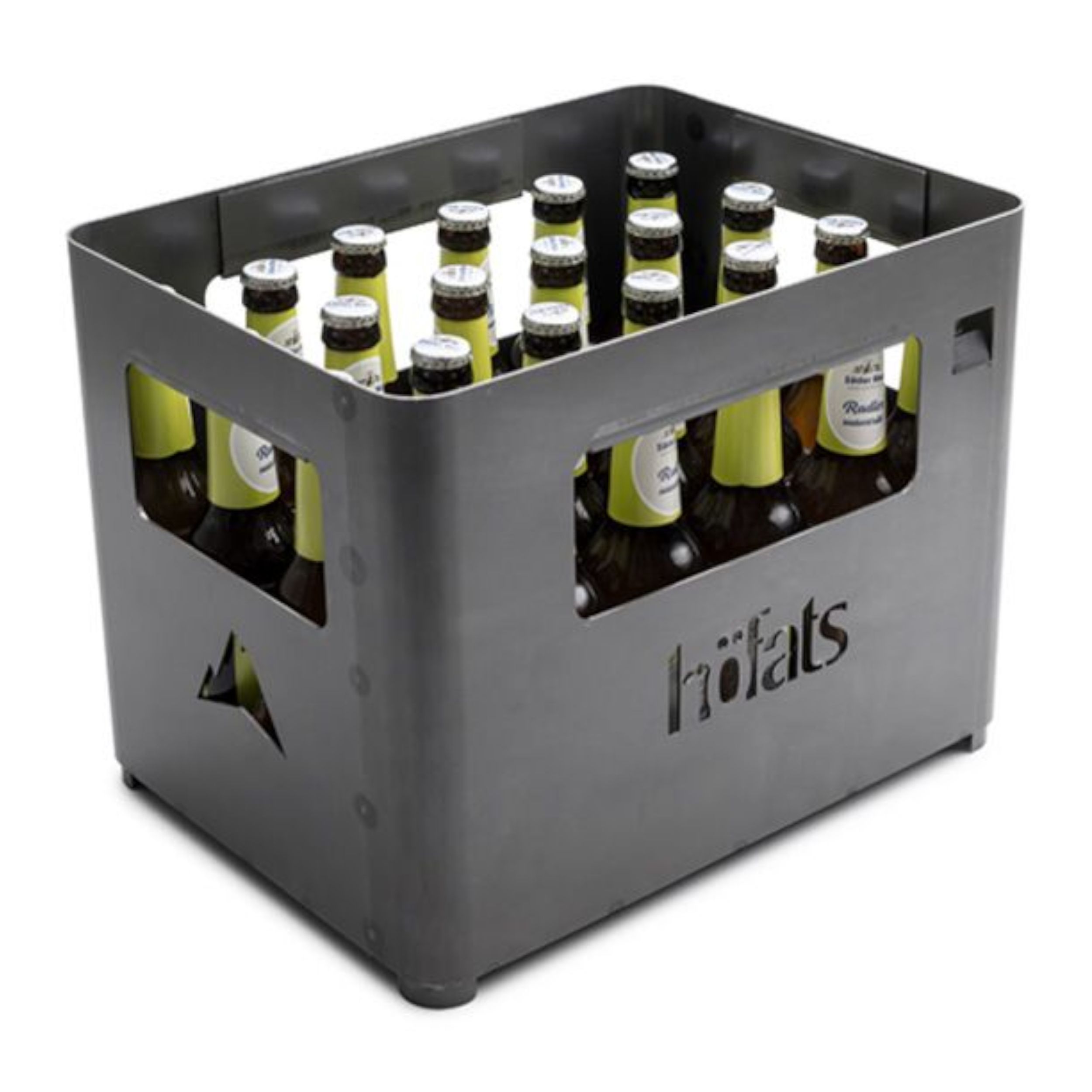 Feuerkorb Beer Box von Höfats als Freisteller mit Bier in schwarz