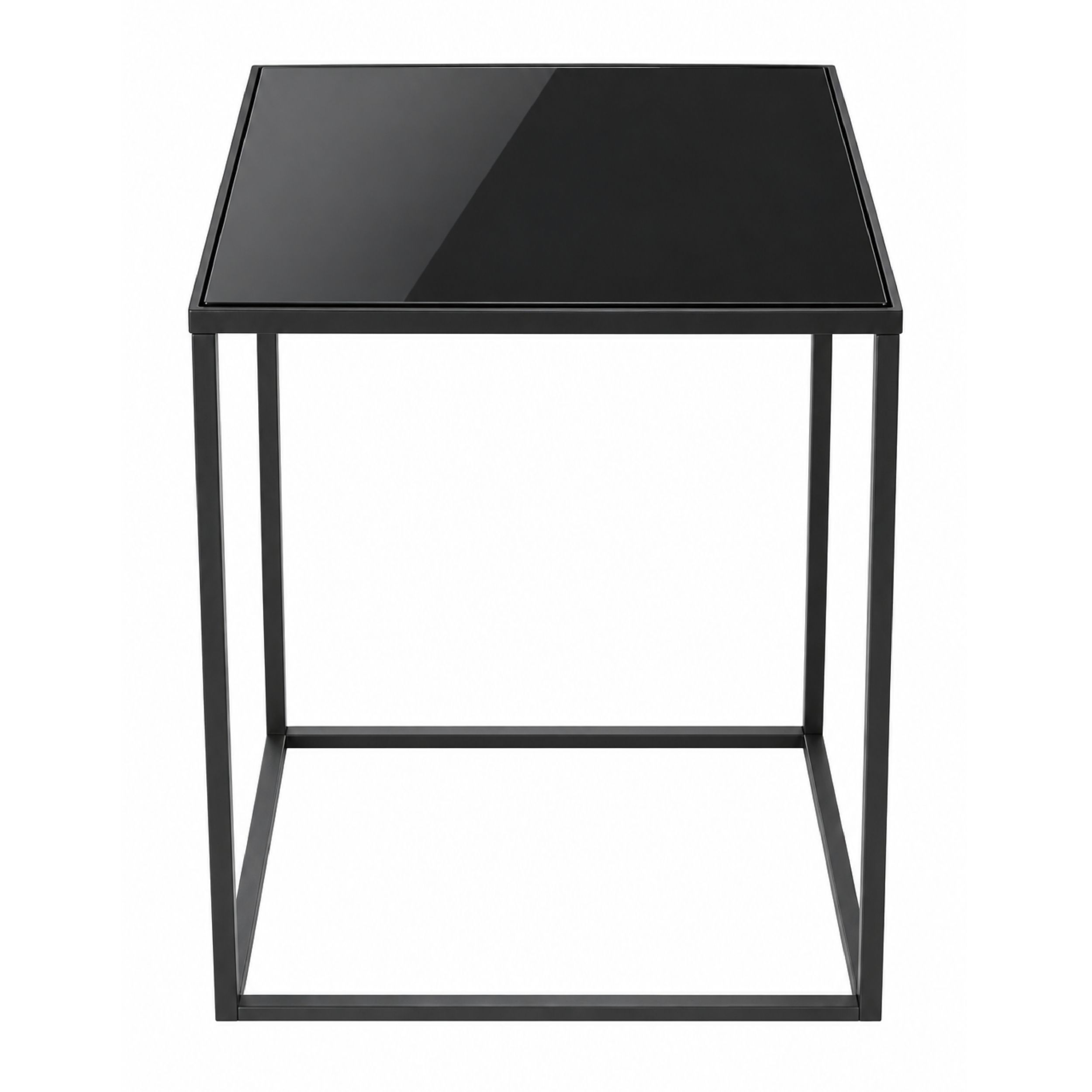 Moderner, quadratischer Beistelltisch aus schwarzem Metall mit einer glänzenden, schwarzen Tischplatte vor weißem Hintergrund.