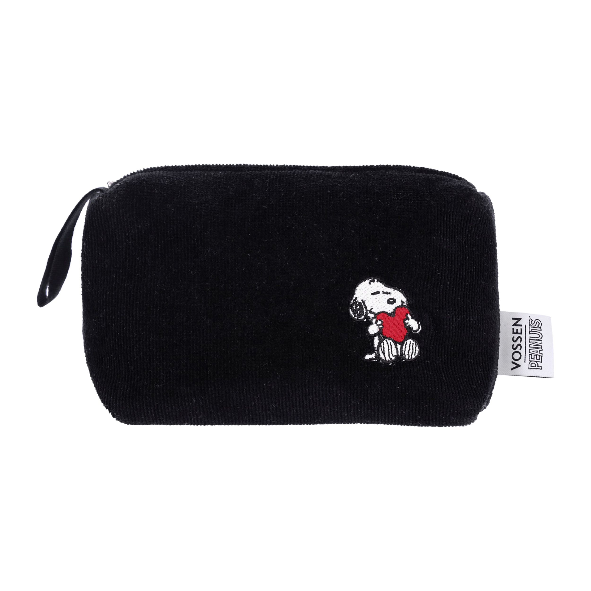 Kosmetiktasche Sweet Snoppy von Vossen schwarz mit Snoppy Stick weiss und rotem Herz vor weissem Hintergrund