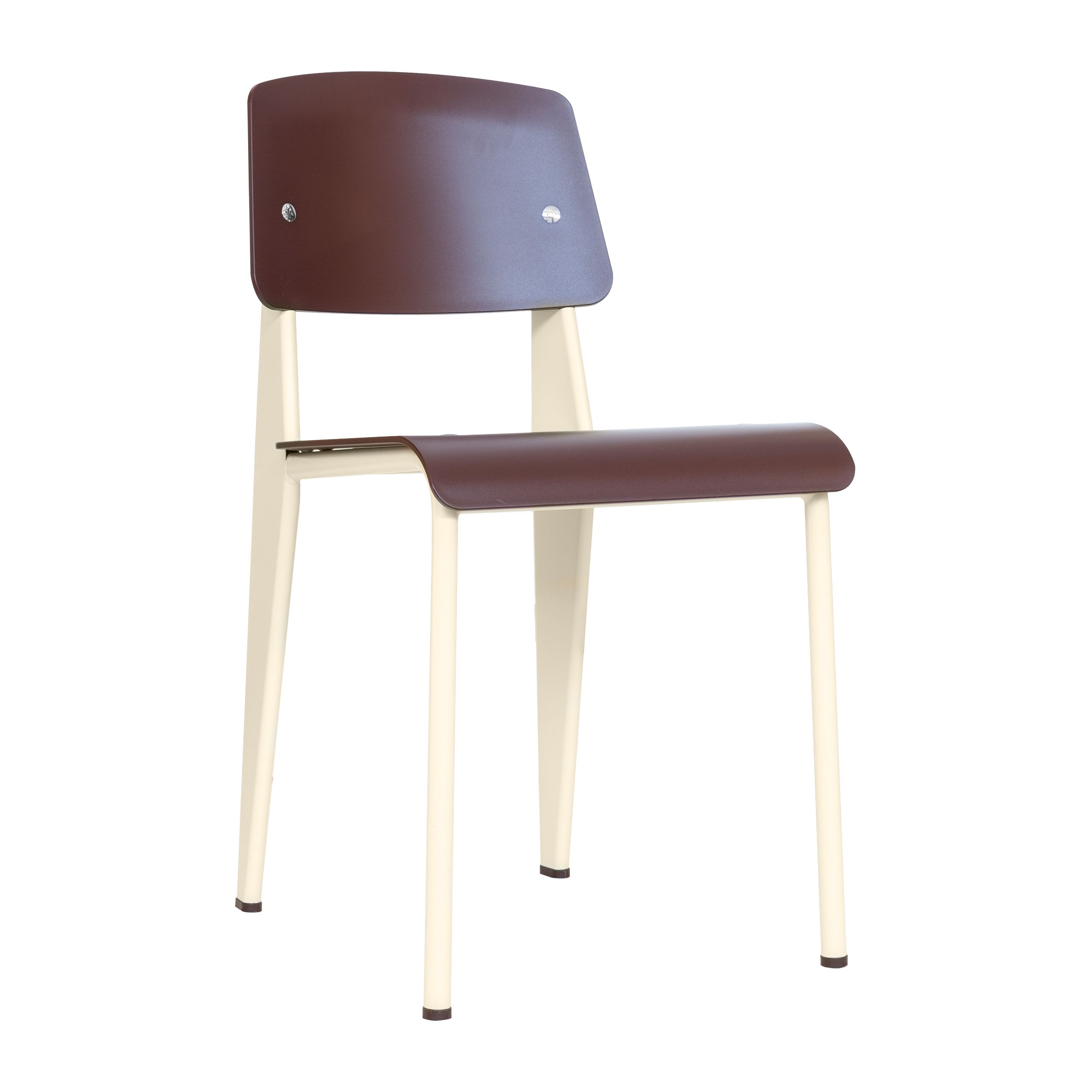 Stuhl Standard SP von Vitra mit ecrufarbenem Gestell und kastanienroter Sitz- und Rückenschale vor einem weißen Hintergrund.