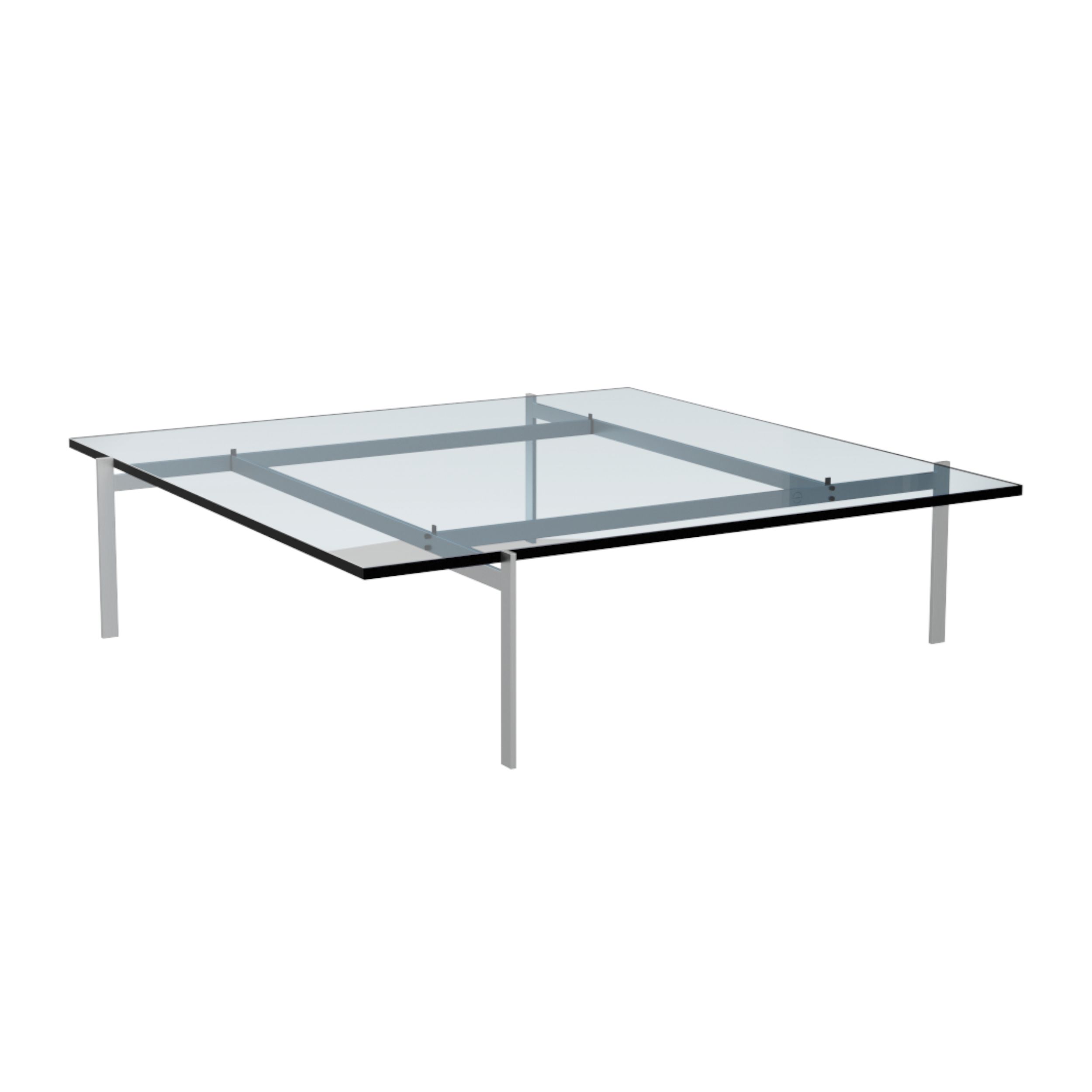 Zu sehen ist ein quadratischer Couchtisch mit Edelstahlgestell und Glasplatte, Modell PK61 von Fritz Hansen, vor einem weißen Hintergrund.
