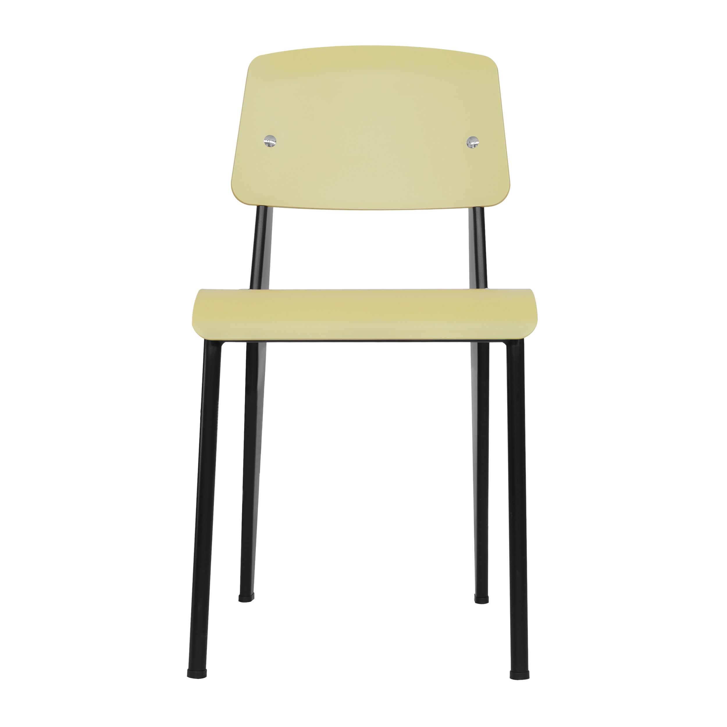 Esszimmerstuhl Standard SP von Vitra mit gelber Sitz- und Rückenschale kombiniert mit einem braunen Gestell in frontaler Ansicht; der Stuhl steht vor einem weißen Hintergrund.
