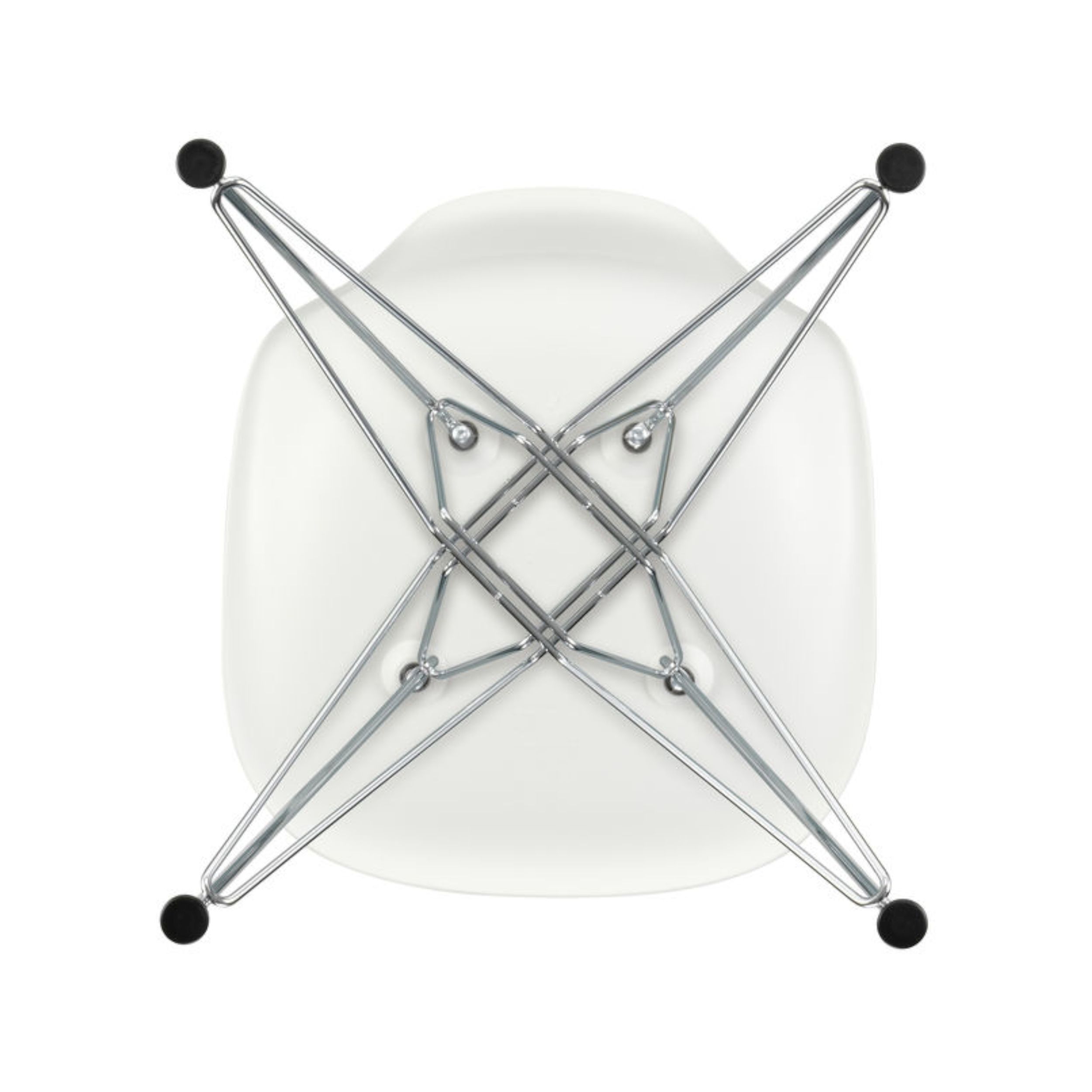 Schalenstuhl Plastic Side Chair DSR von Vitra in weiß mit Chromgestell als Freisteller von unten.