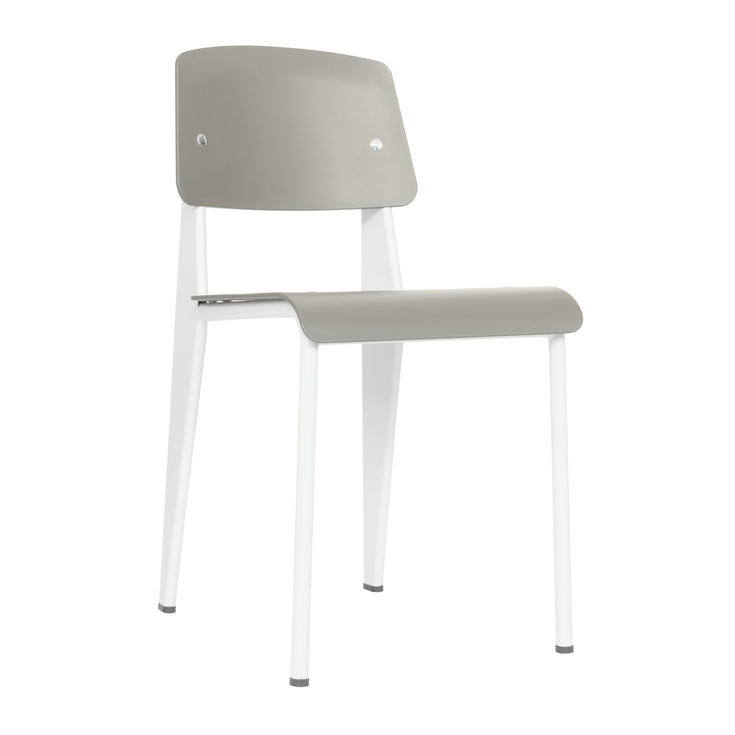 Stuhlmodell Standard SP von Vitra mit ecrufarbenem Gestell und olivgrüner Sitz- und Rückenschale vor einem weißen Hintergrund.