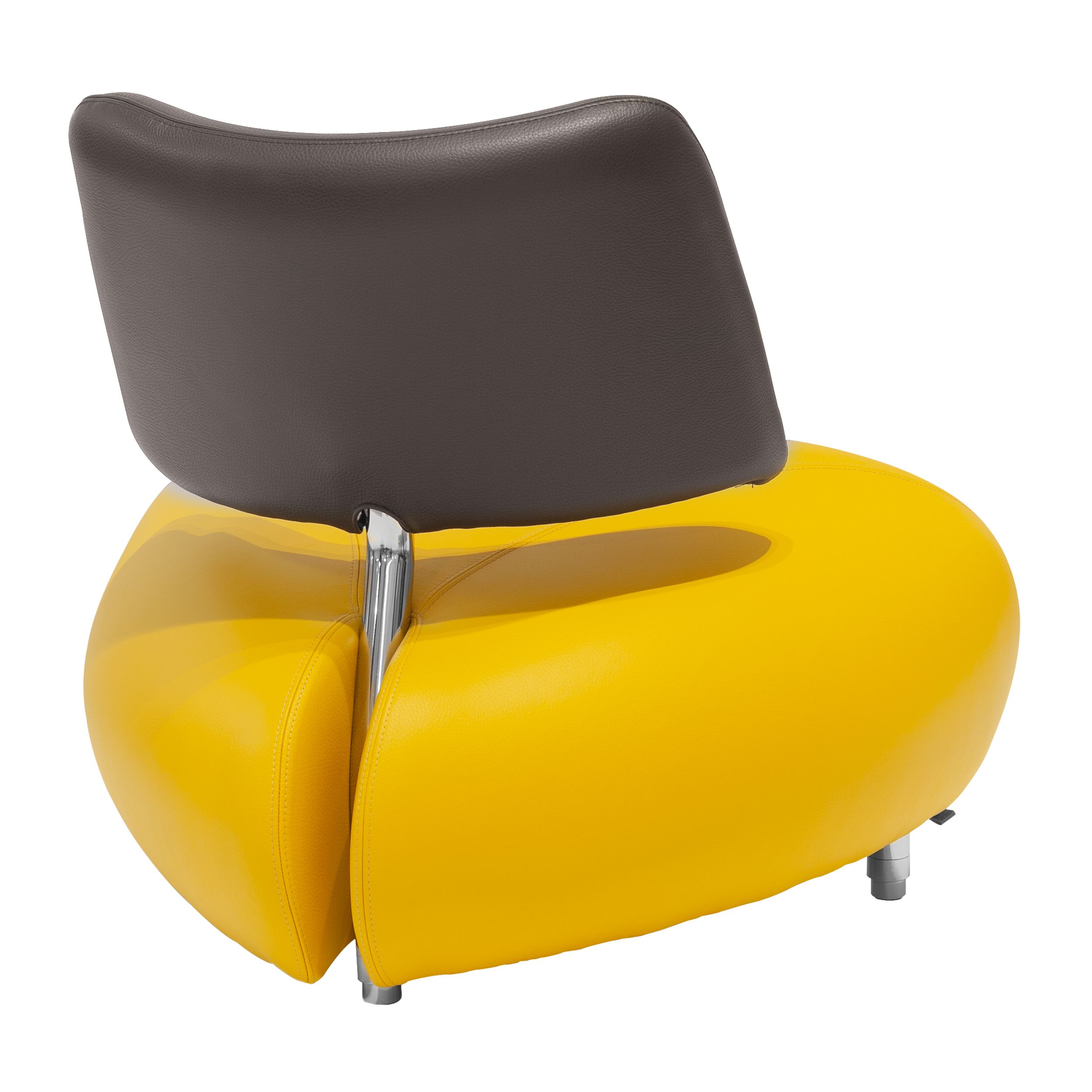 Sessel Pallone Pa von Leolux mit Sitz in gelbem und  Rücken in blauem Leder als Freisteller von hinten.