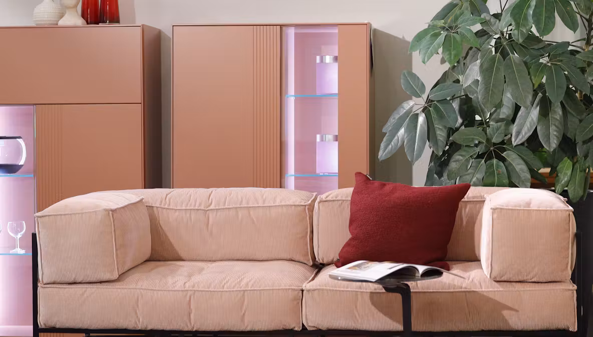 Rosafarbenes Sofa mit rotem Kissen vor Schränken in Rosa und einer Zimmerpflanze