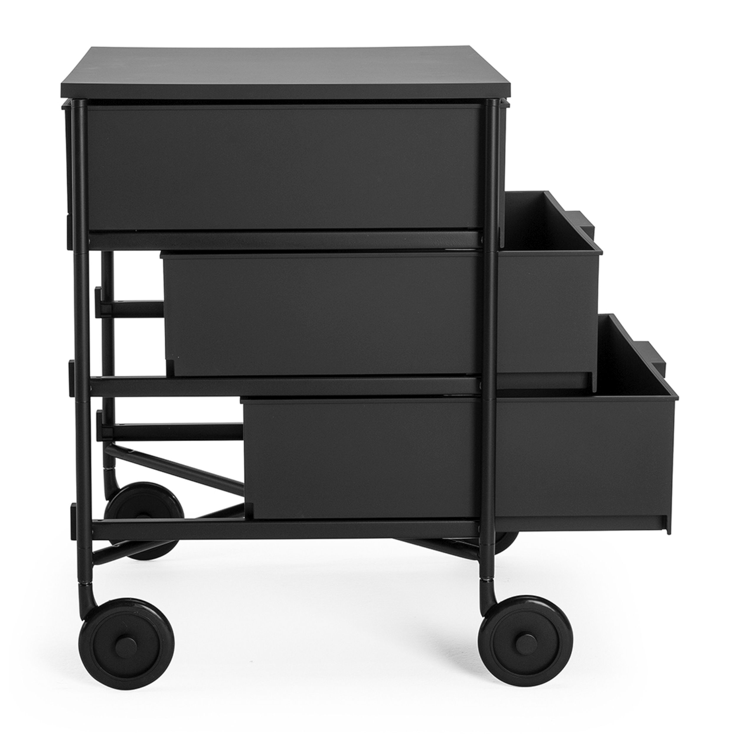 Rollcontainer Mobil Mat von Kartell in schwarz Seitenansicht mit offenen Schubladen