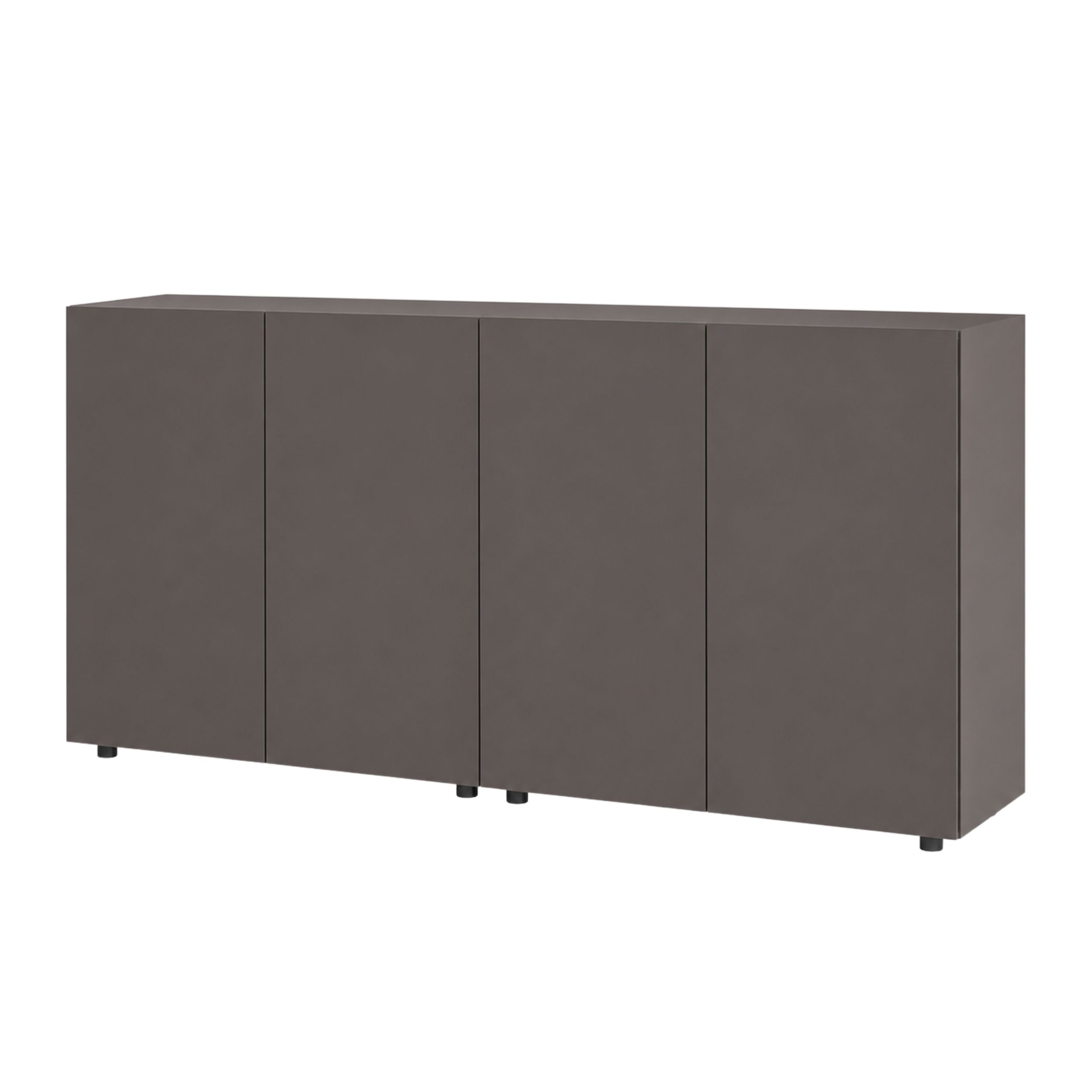Zu sehen ist ein modernes graues Sideboard mit vier Türen vor einem weißen Hintergrund.