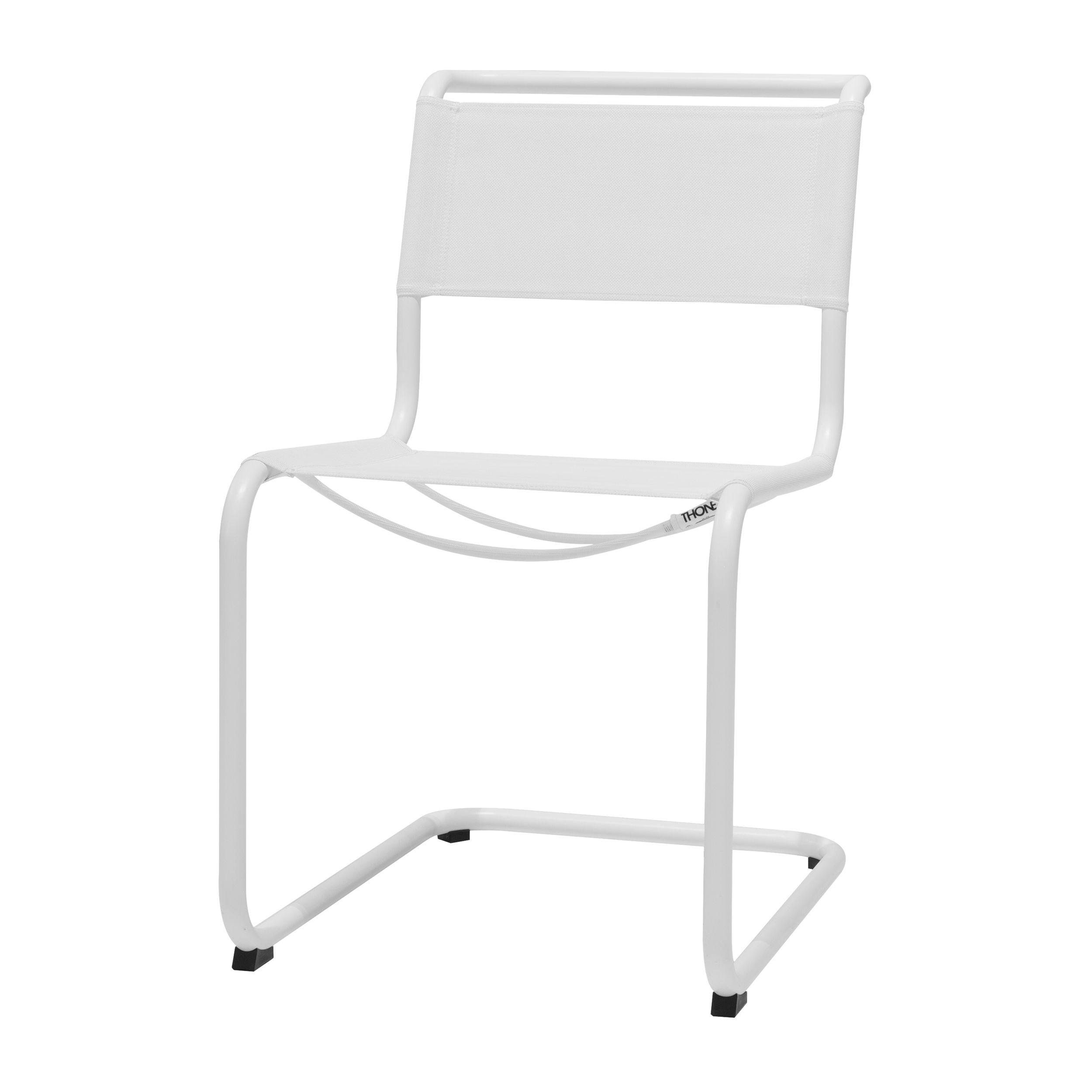 Zu sehen ist der klassische, weiße Stahlrohr-Freischwinger S 33 N All Seasons von Thonet vor einem weißen Hintergrund.