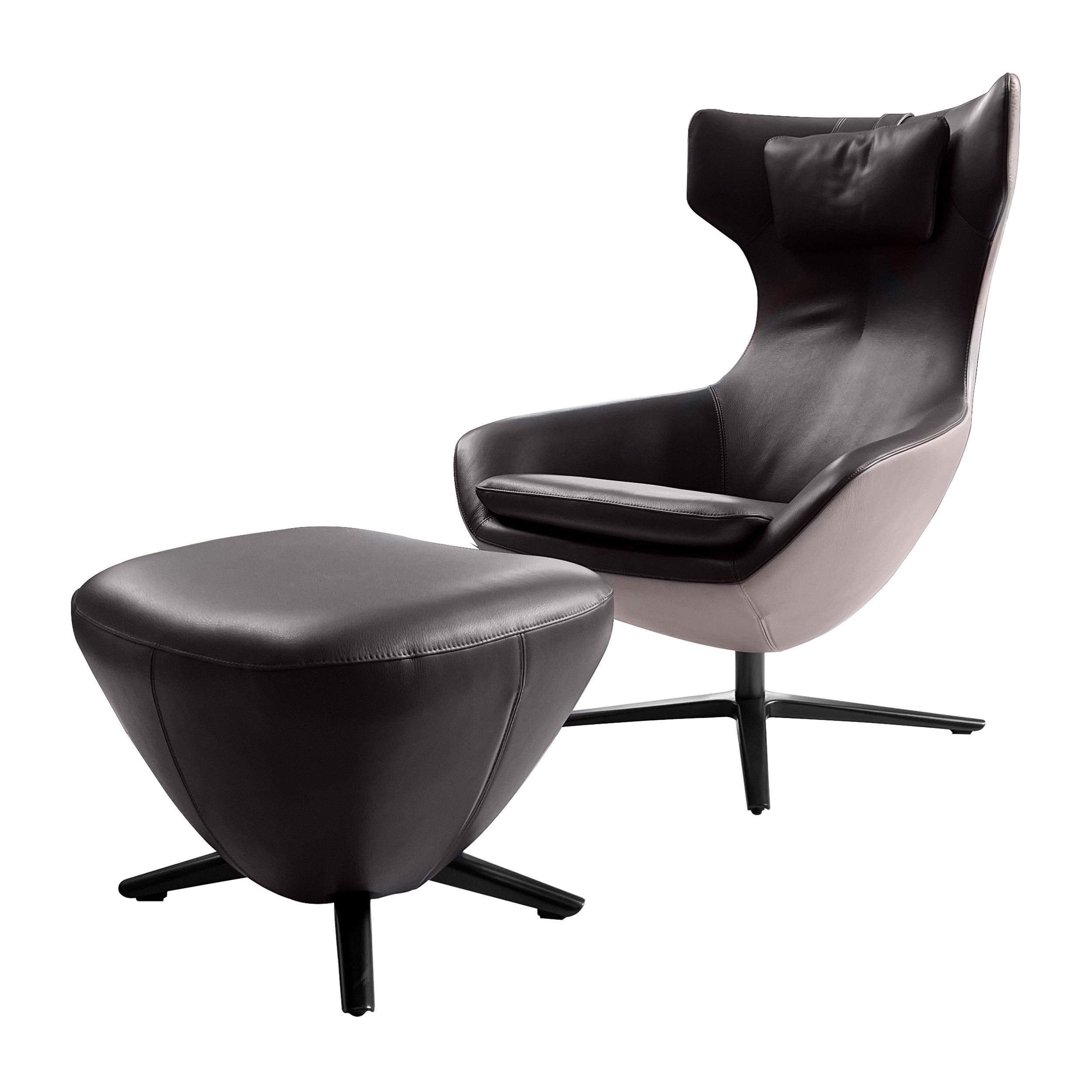 Relaxsessel Caruzzo von Leolux in braunem Leder als Freisteller mit Hocker.