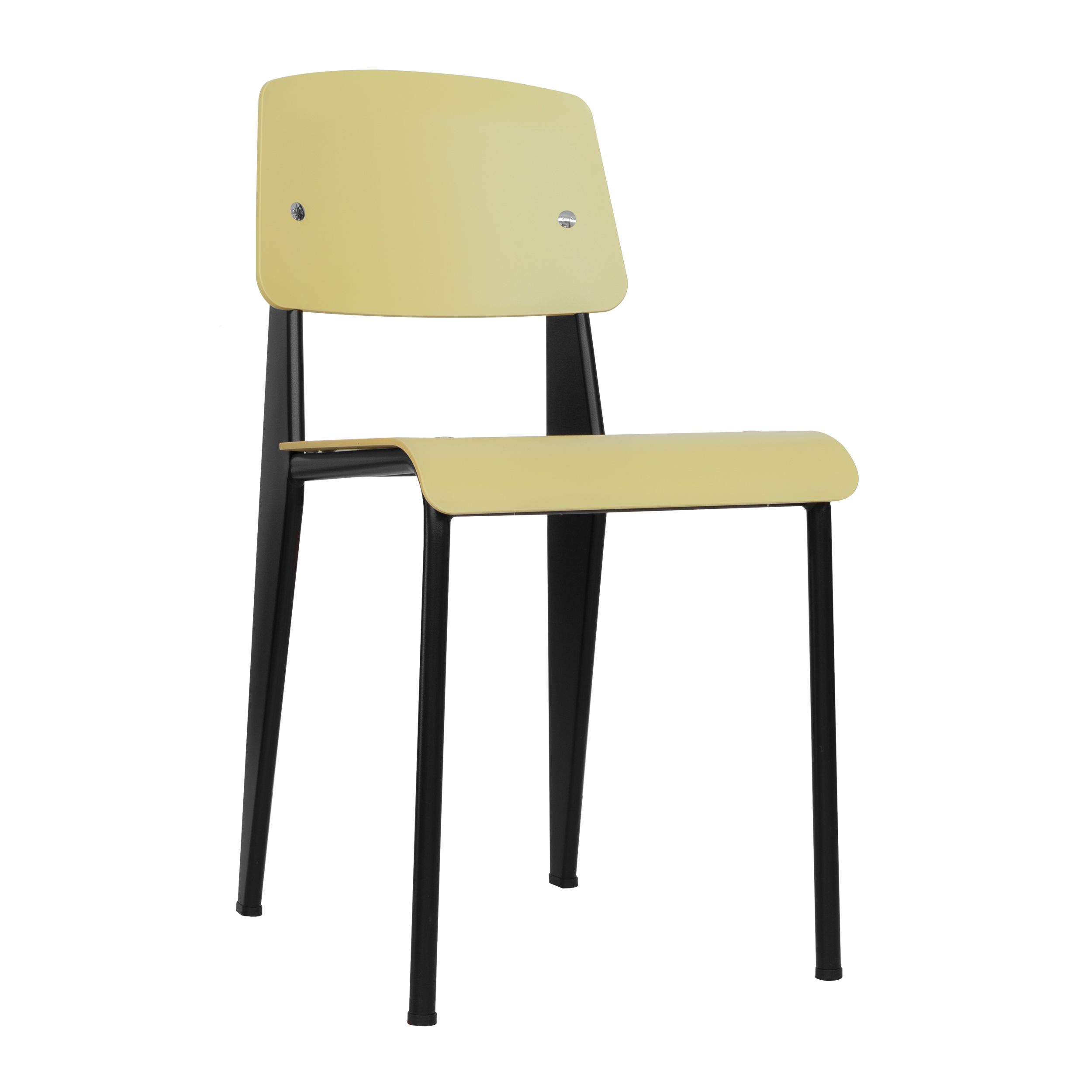 Esszimmerstuhl Standard SP von Vitra mit gelber Sitz- und Rückenschale kombiniert mit einem braunen Gestell; der Stuhl steht vor einem weißen Hintergrund.