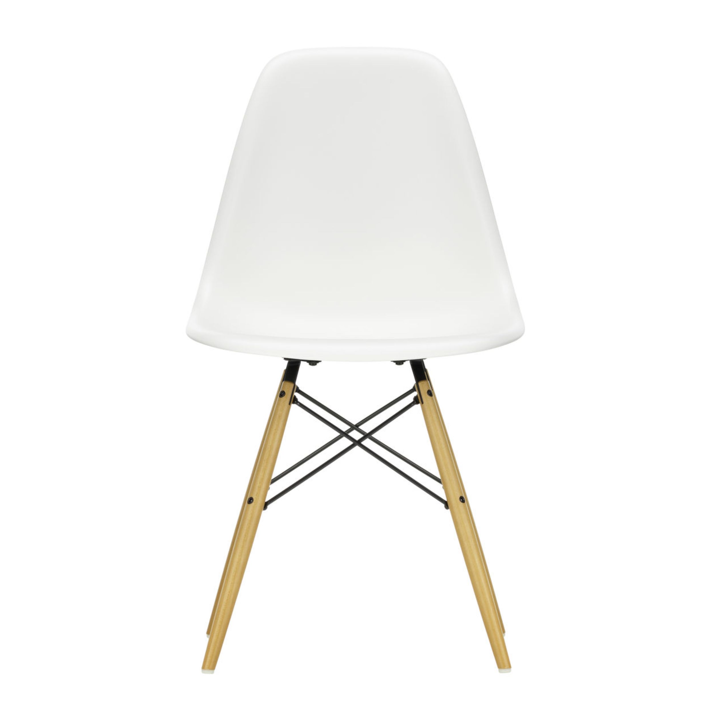 Plastic Side Chair DSW von Vitra in weiß mit Beinen in Ahorn als Freisteller frontal.