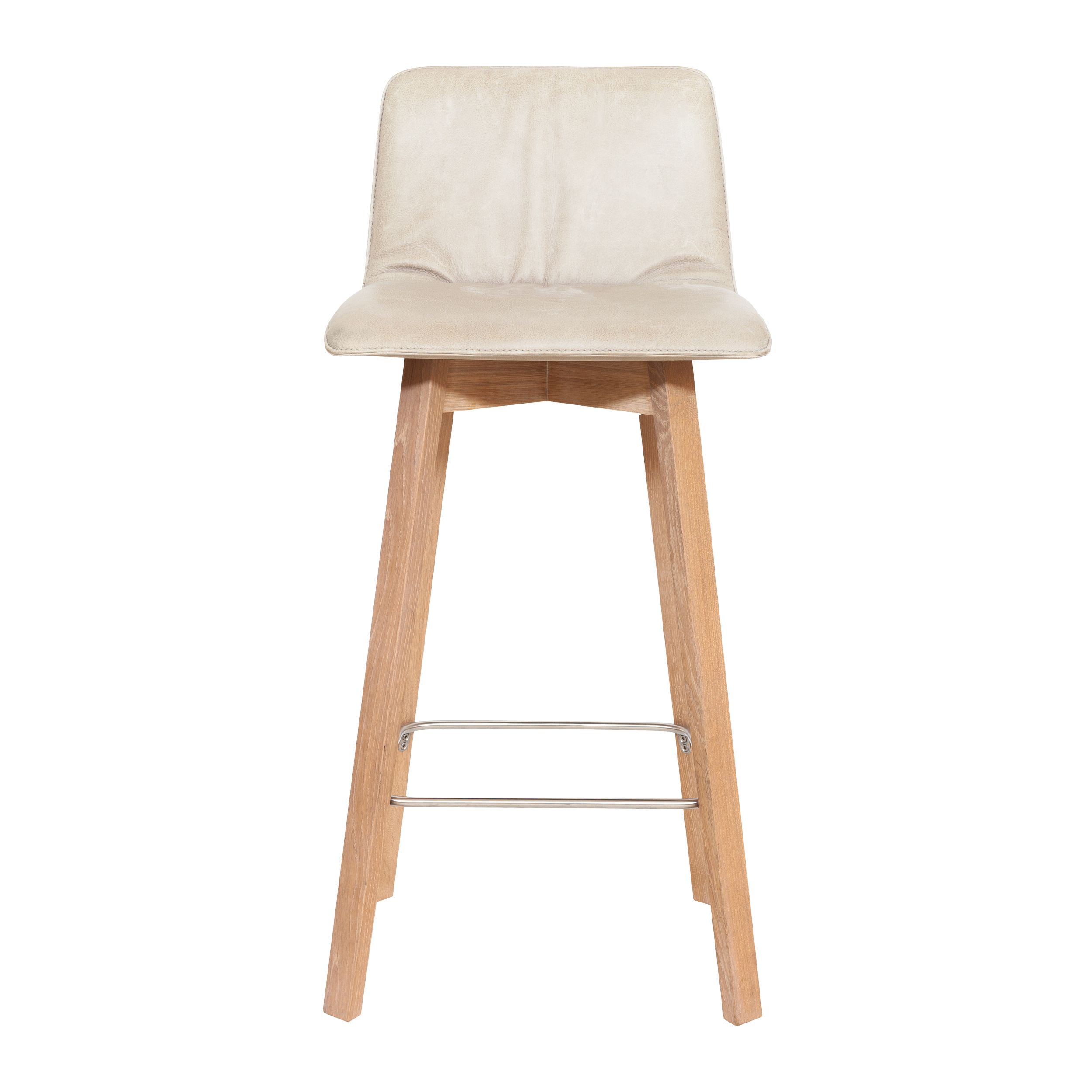 Eleganter beigfearbener Leder-Barhocker mit stabilen Holzbeinen, Modell Maverick Casual von KFF, perfekt für moderne Einrichtungen.  