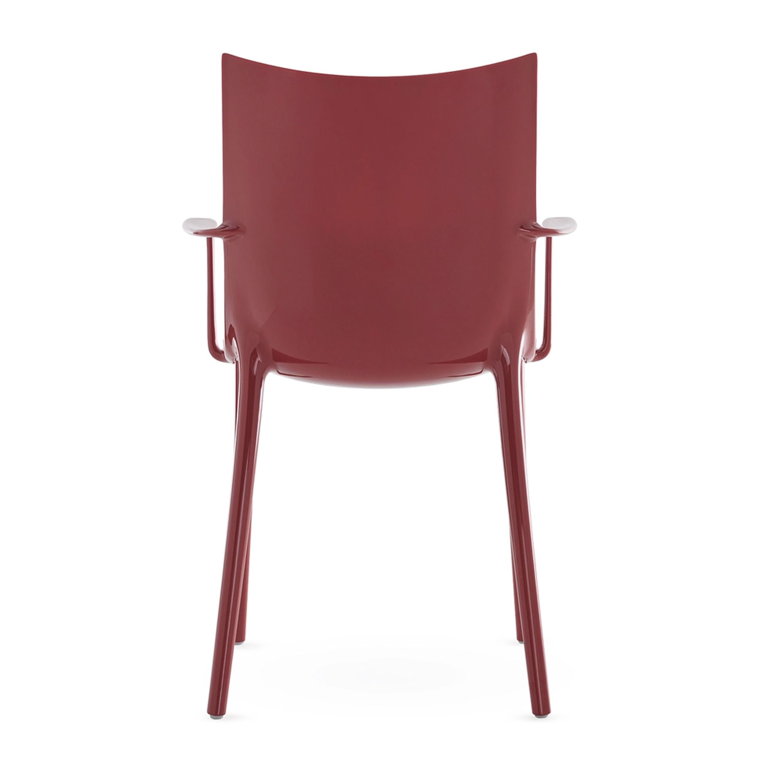 Zu sehen ist in rückseitiger Ansicht der Outdoor-Armlehnstuhl H.H.H. aus der Kartell x Liberty-Edition "Graphic Impression" mit bordeauxrotem Gestell.
