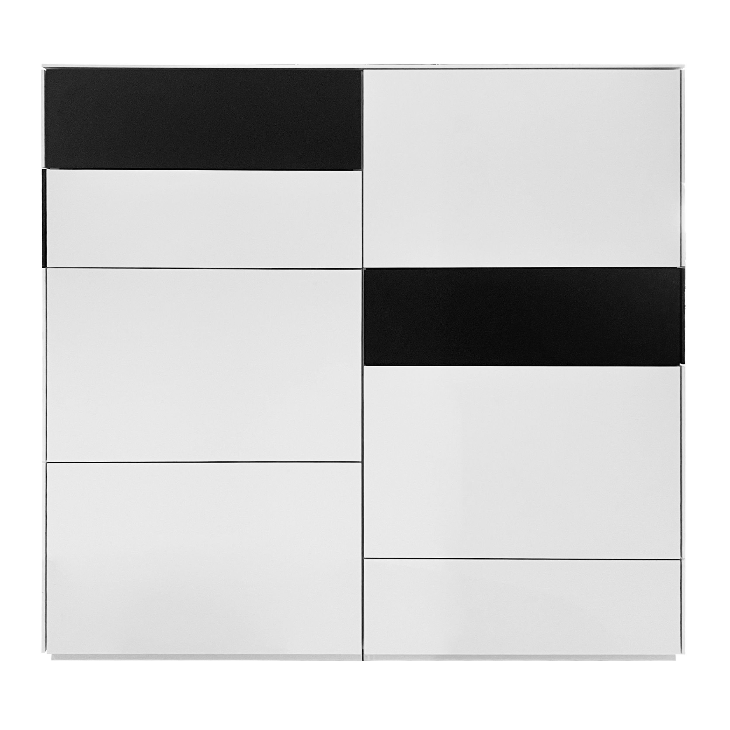 Highboard Soma von Kettnaker in weiss mit schwarzen Akzenten als Freisteller frontal.