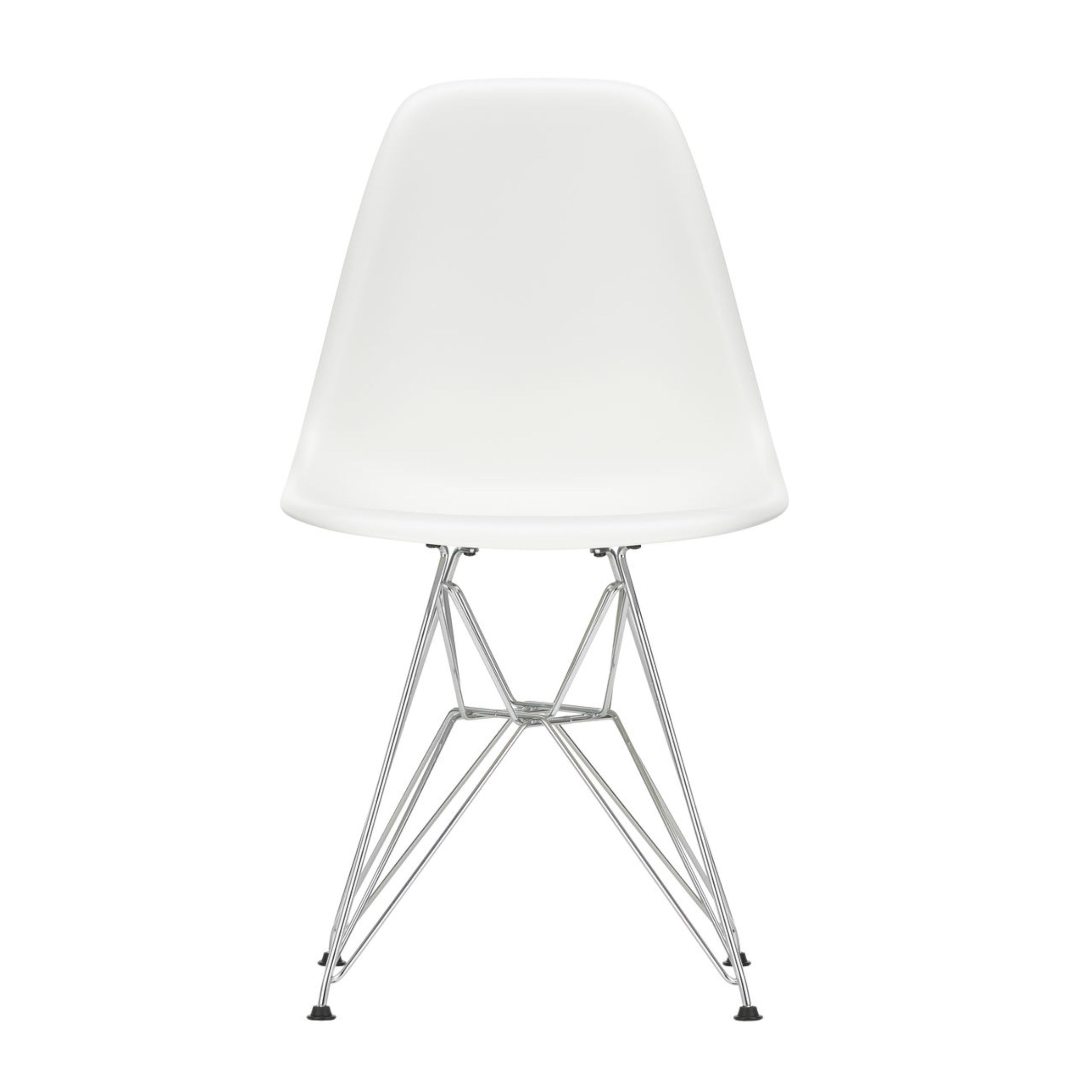 Schalenstuhl Plastic Side Chair DSR von Vitra in weiß mit Chromgestell als Freisteller frontal.