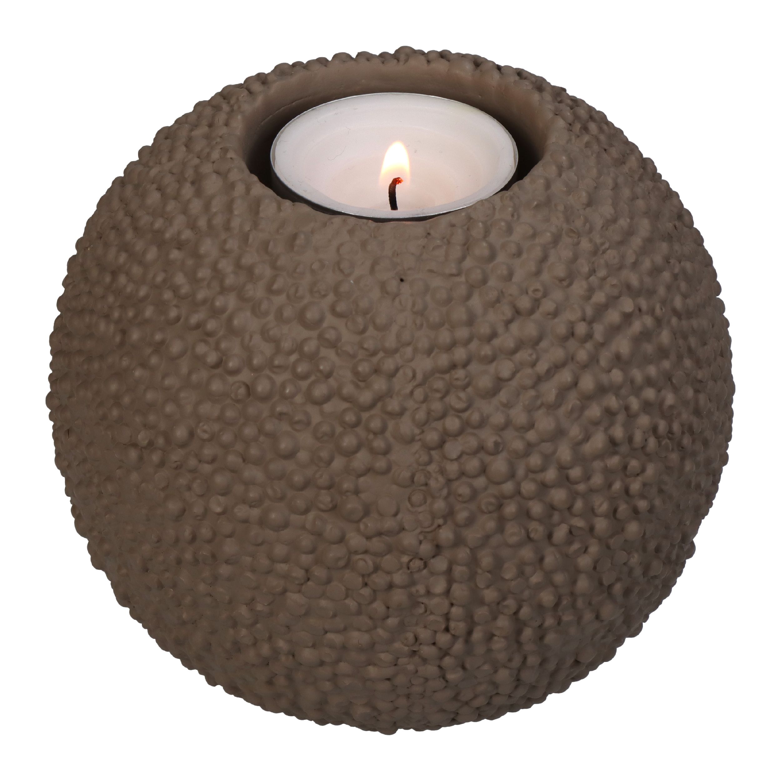 Teelichthalter in beige von Kersten aus robustem Beton als Deko und Windlicht geeignet mit weissem Hintergrund. 
Foto mit Kerze.