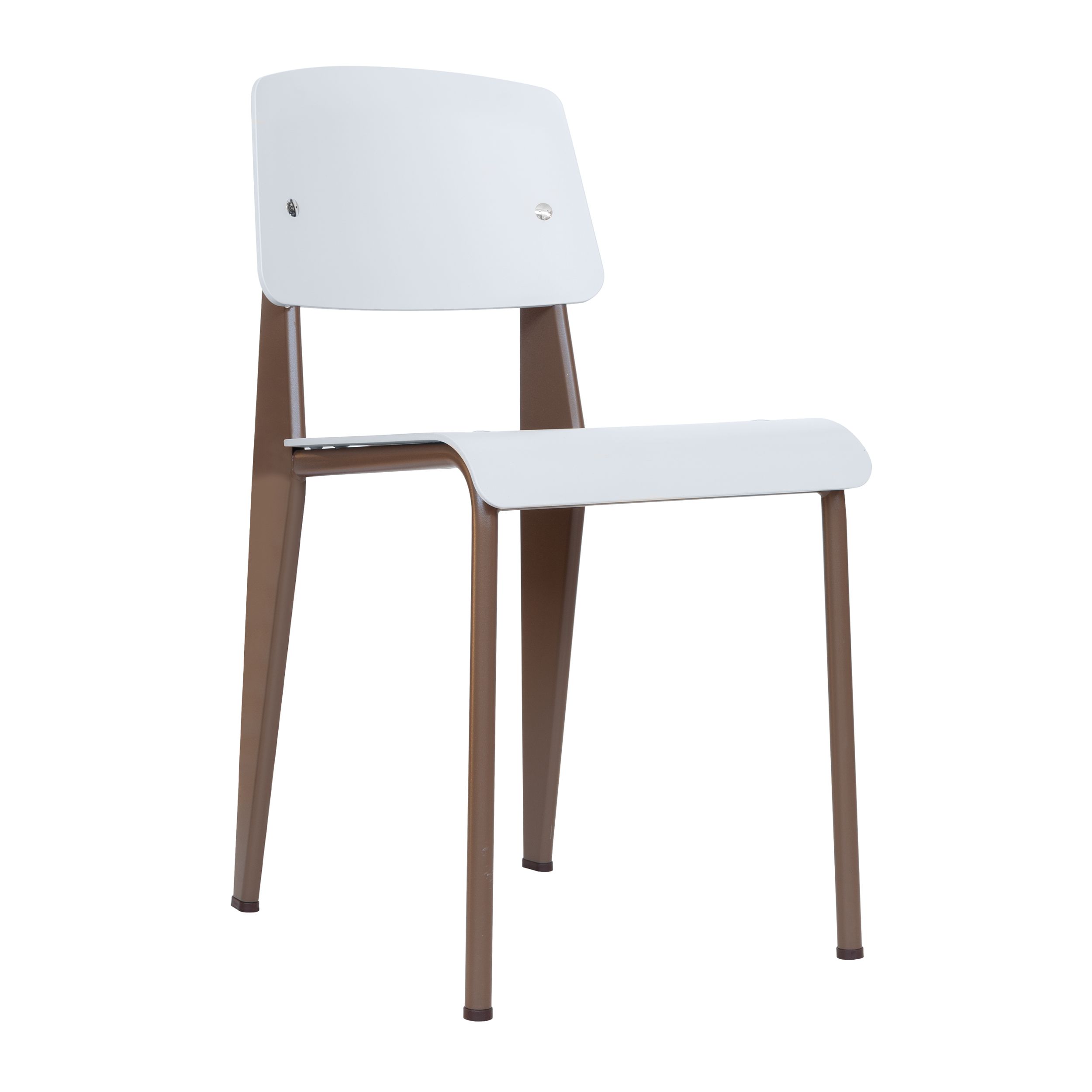 Stuhl Standard SP von Vitra mit braunem Gestell und grauer Sitz- und Rückenschale vor einem weißen Hintergrund.