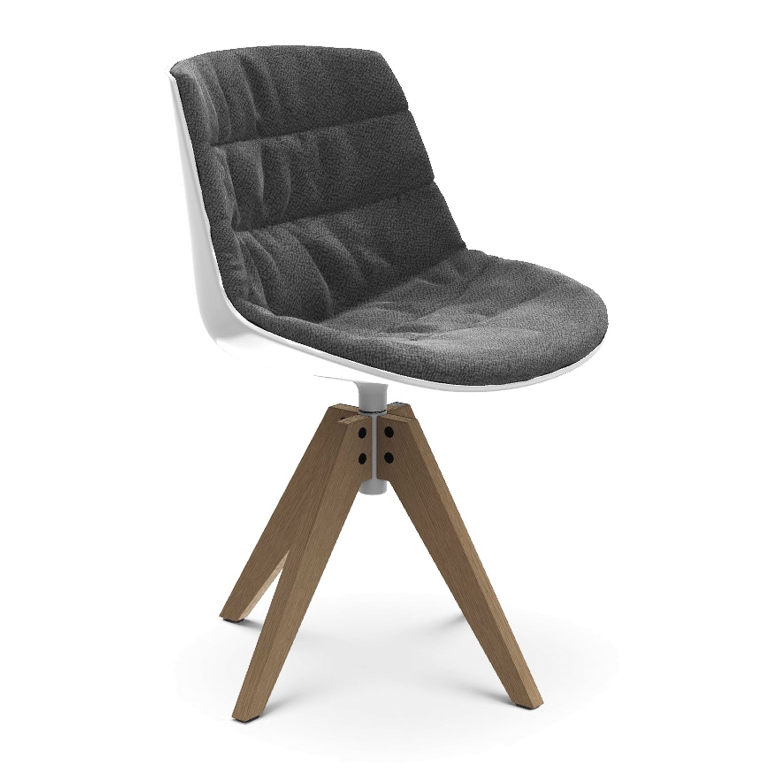 Schalenstuhl Flow Chair mit weißer Schale, grauem Stoffbezug und Holzuntergestell als Freisteller von schräg vorne.