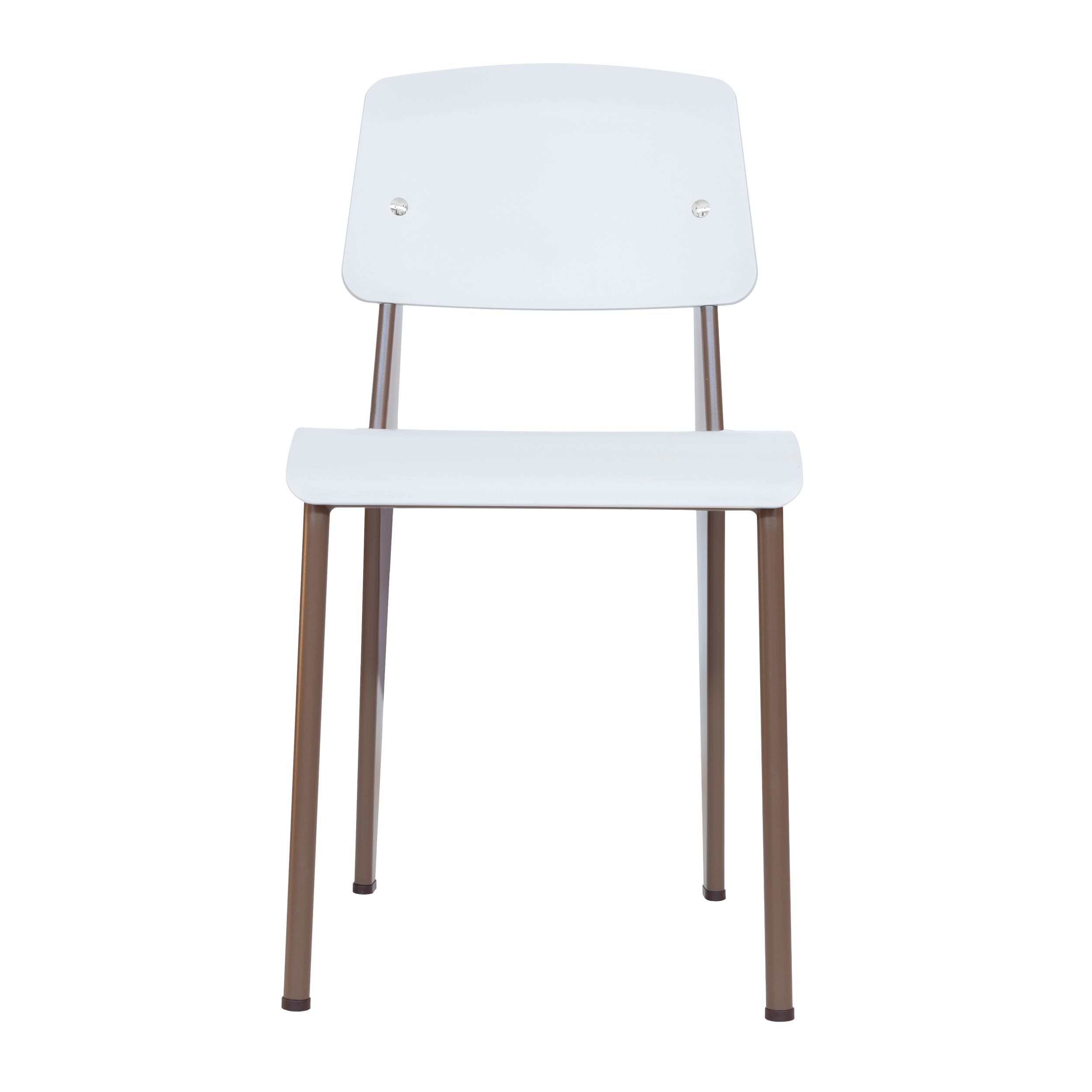 Stuhl Standard SP von Vitra mit braunem Gestell und grauer Sitz- und Rückenschale in frontaler Ansicht vor einem weißen Hintergrund.