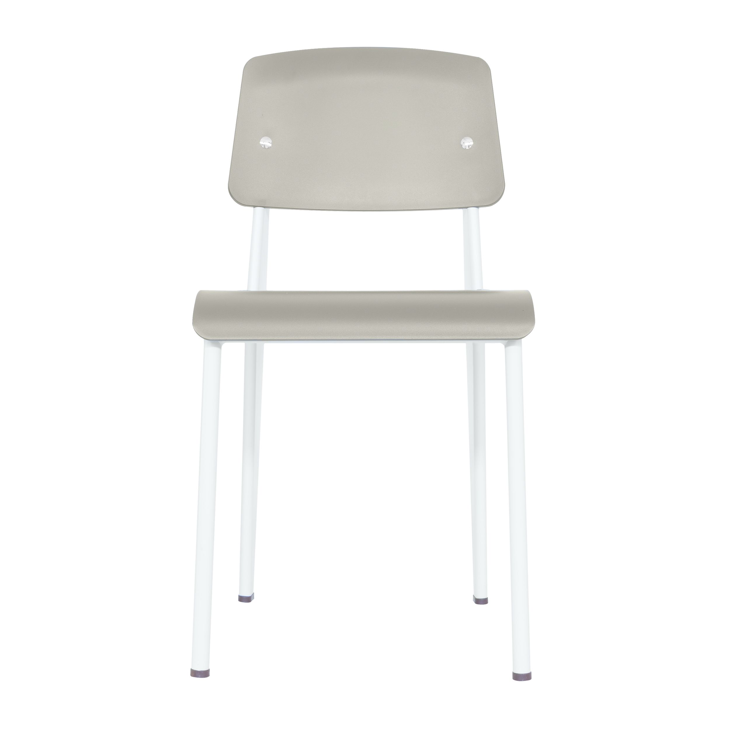 Stuhlmodell Standard SP von Vitra mit ecrufarbenem Gestell und olivgrüner Sitz- und Rückenschale in frontaler Ansicht vor einem weißen Hintergrund.