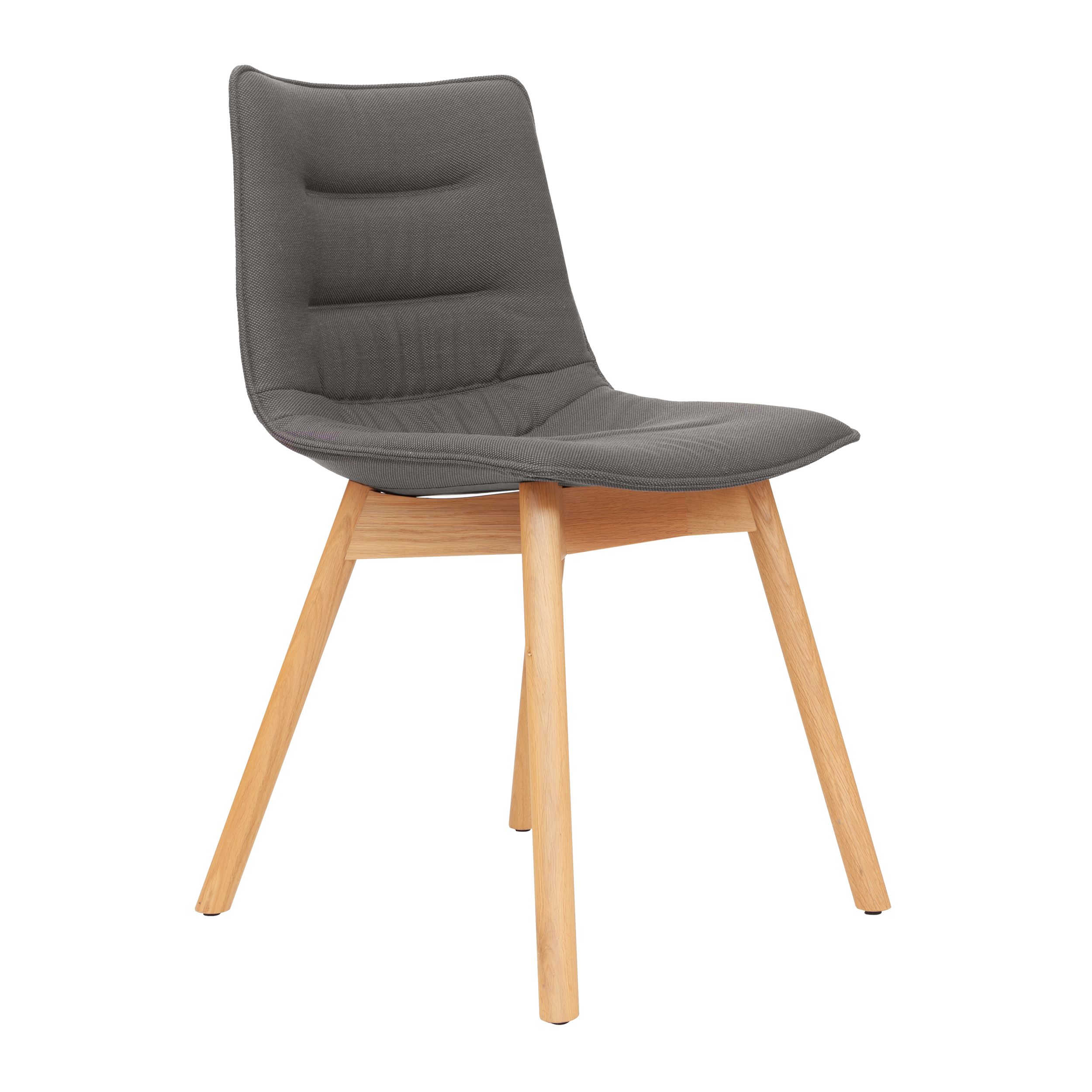 Zu sehen ist der moderne Schalenstuhl Nava von Girsberger vor einem weißen Hintergrund.
Der Stuhl ist mit dunklen Stoff bezogen und hat ein Vierfuß-Untergestell aus heller Eiche.