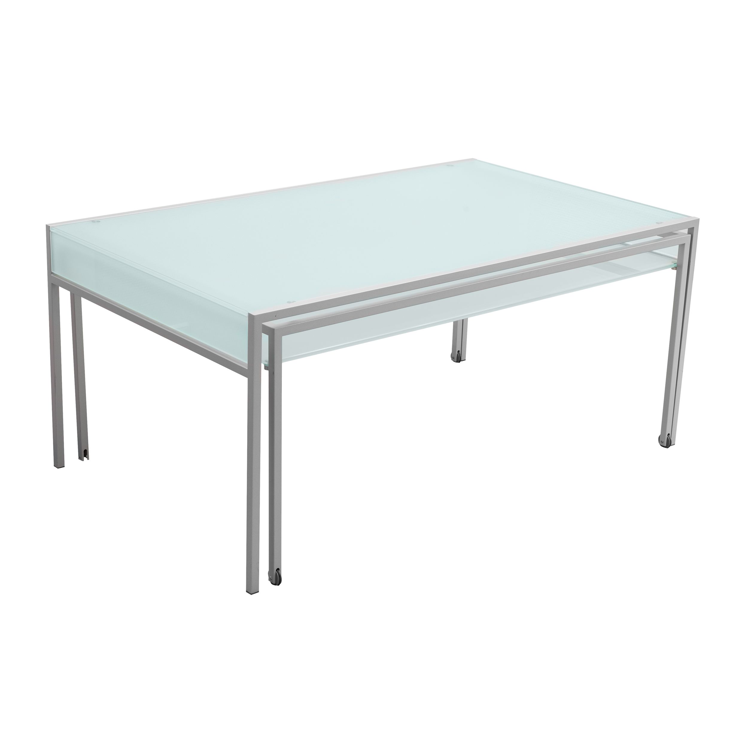 Satz-Couchtisch 657/A von Gamma mit Metallgestell und satinierten Glasplatten; es handelt sich um zwei rechteckige Tische die übereinander platziert werden können. Das Bild zeigt die Tische vor einem weißen Hintergrund, die Tische sind bündig platziert.