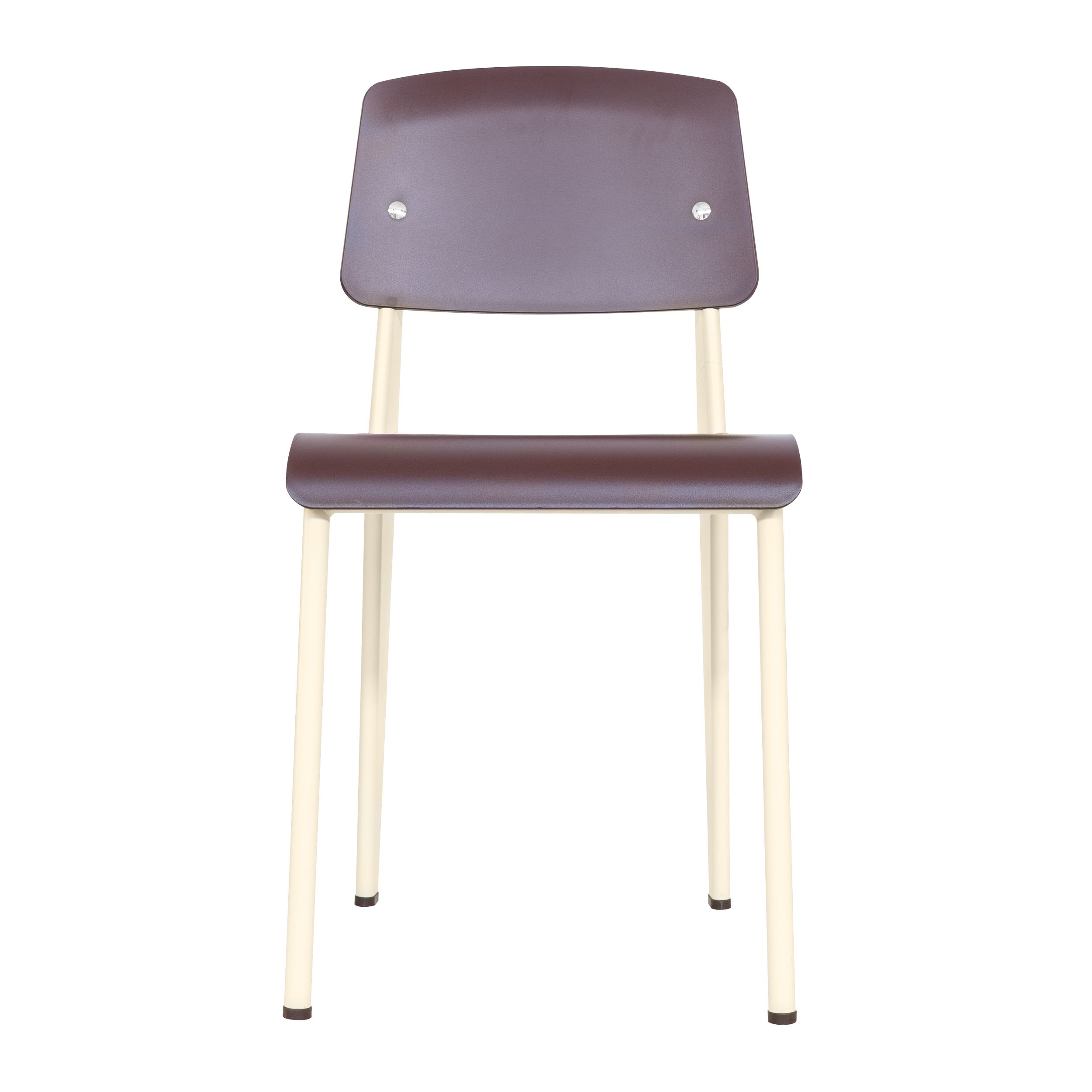 Stuhl Standard SP von Vitra mit ecrufarbenem Gestell und kastanienroter Sitz- und Rückenschale in frontaler Ansicht vor einem weißen Hintergrund.