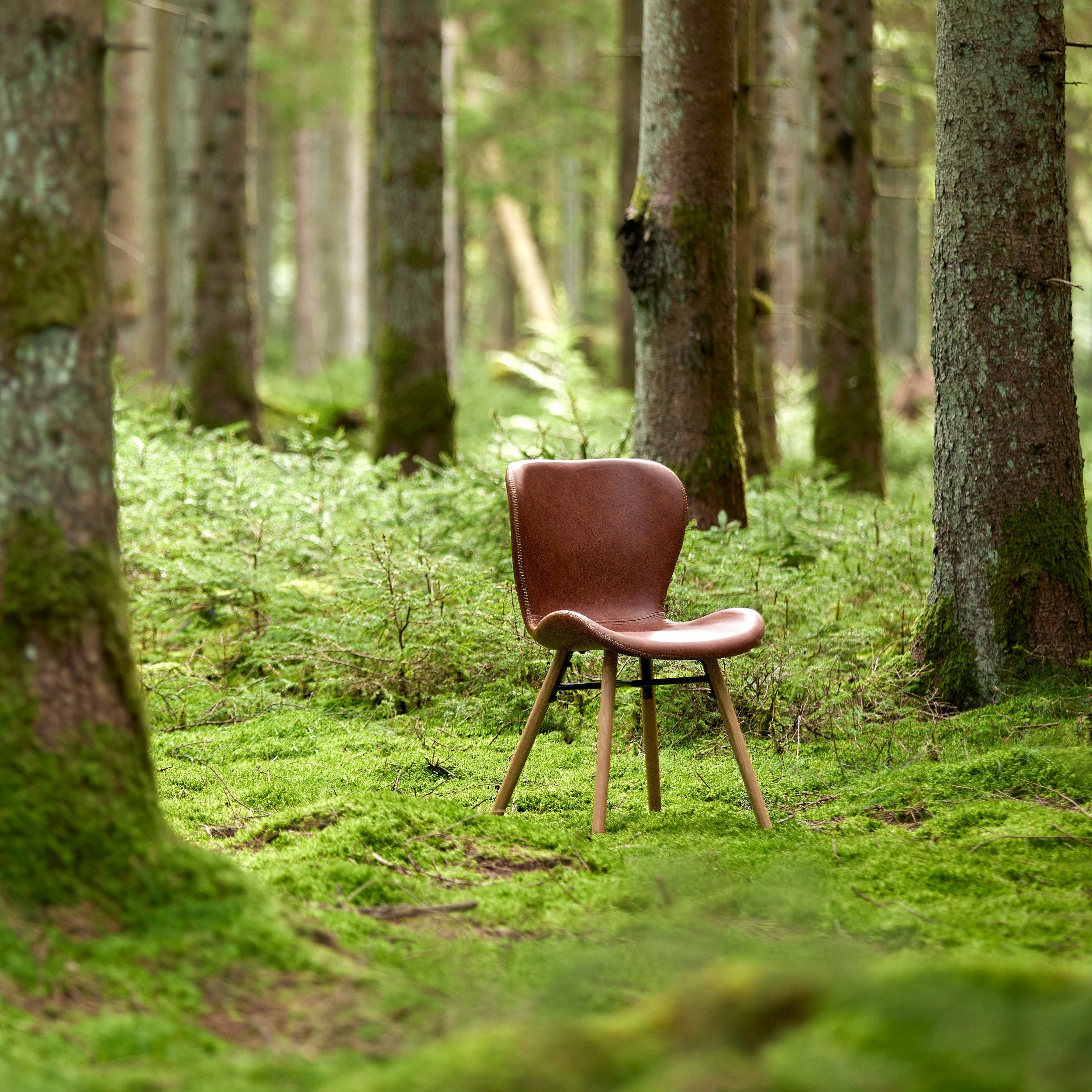 Schalenstuhl Anthea in Lederlook braun als Milieubild im Wald
