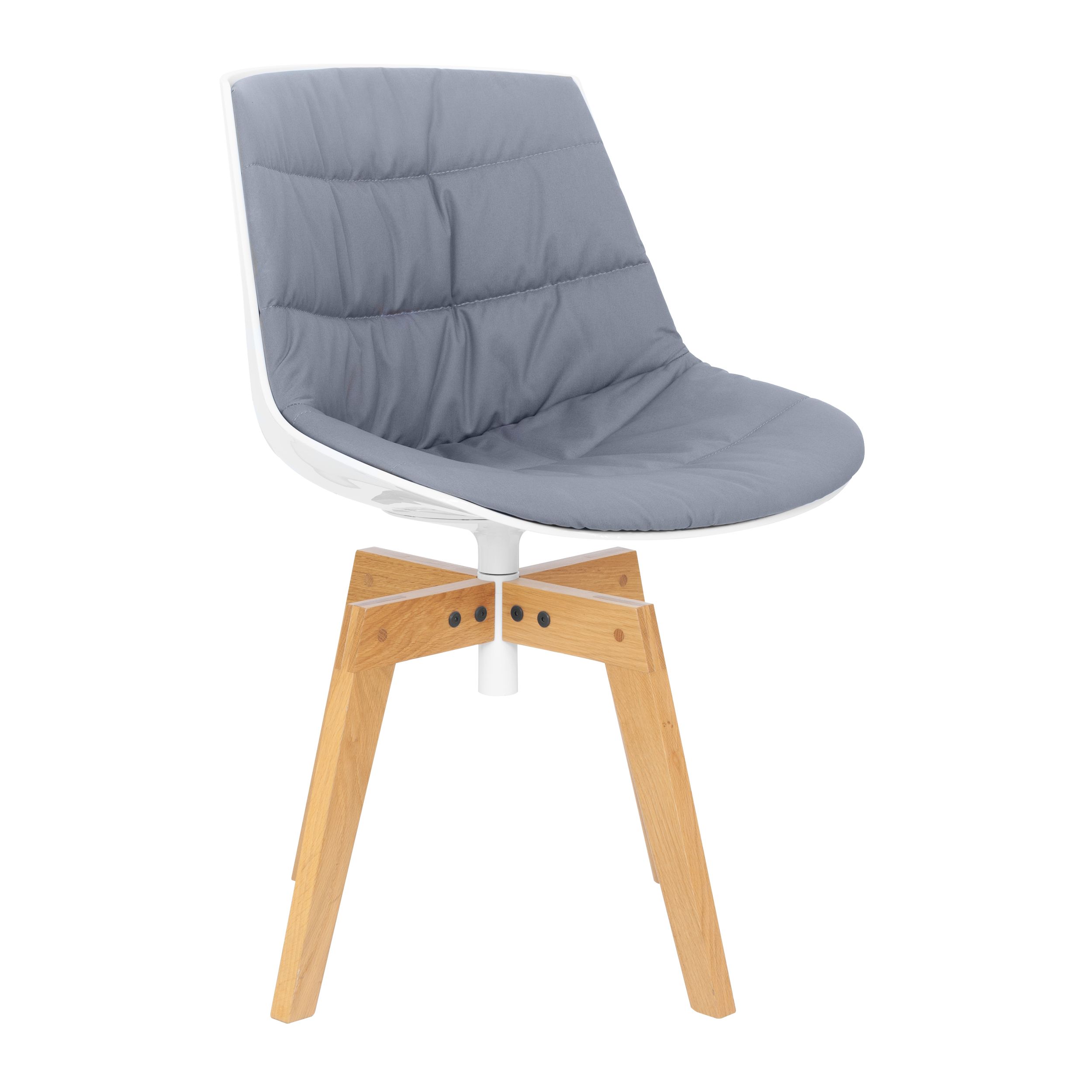 Flow Chair von MDF Italia: Moderner Schalenstuhl mit grau gepolsterter weißer Sitzschale und stabilen Holzbeinen vor einem weißen Hintergrund.