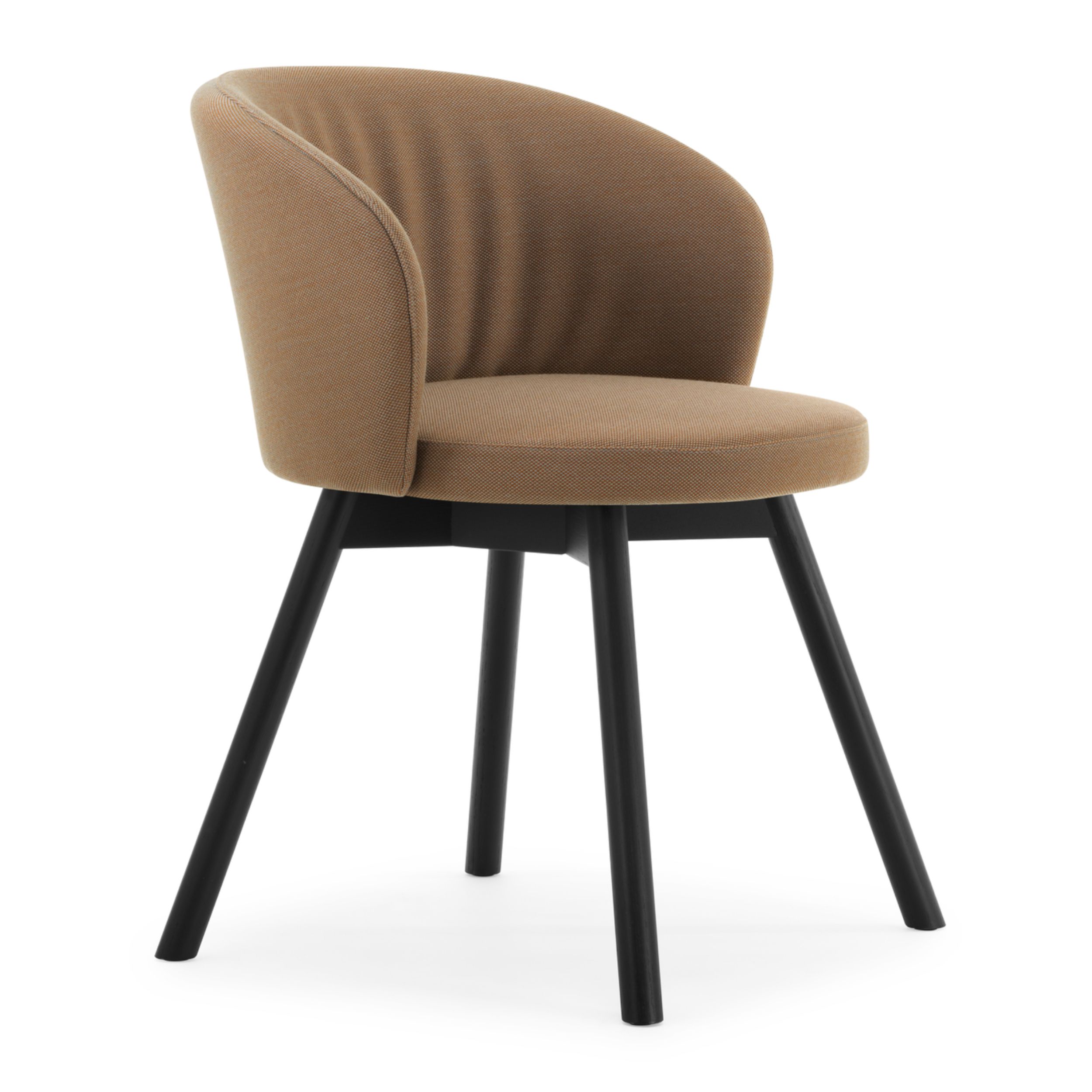 Zu sehen ist ein Stuhl, Modell Biala von Girsberger, mit braunem Stoffbezug und schwarzen Holzbeinen; Sitz und Rückenlehne sind rund. Der Stuhl ist von schräg vorne vor einem weißen Hintergrund zu sehen.
