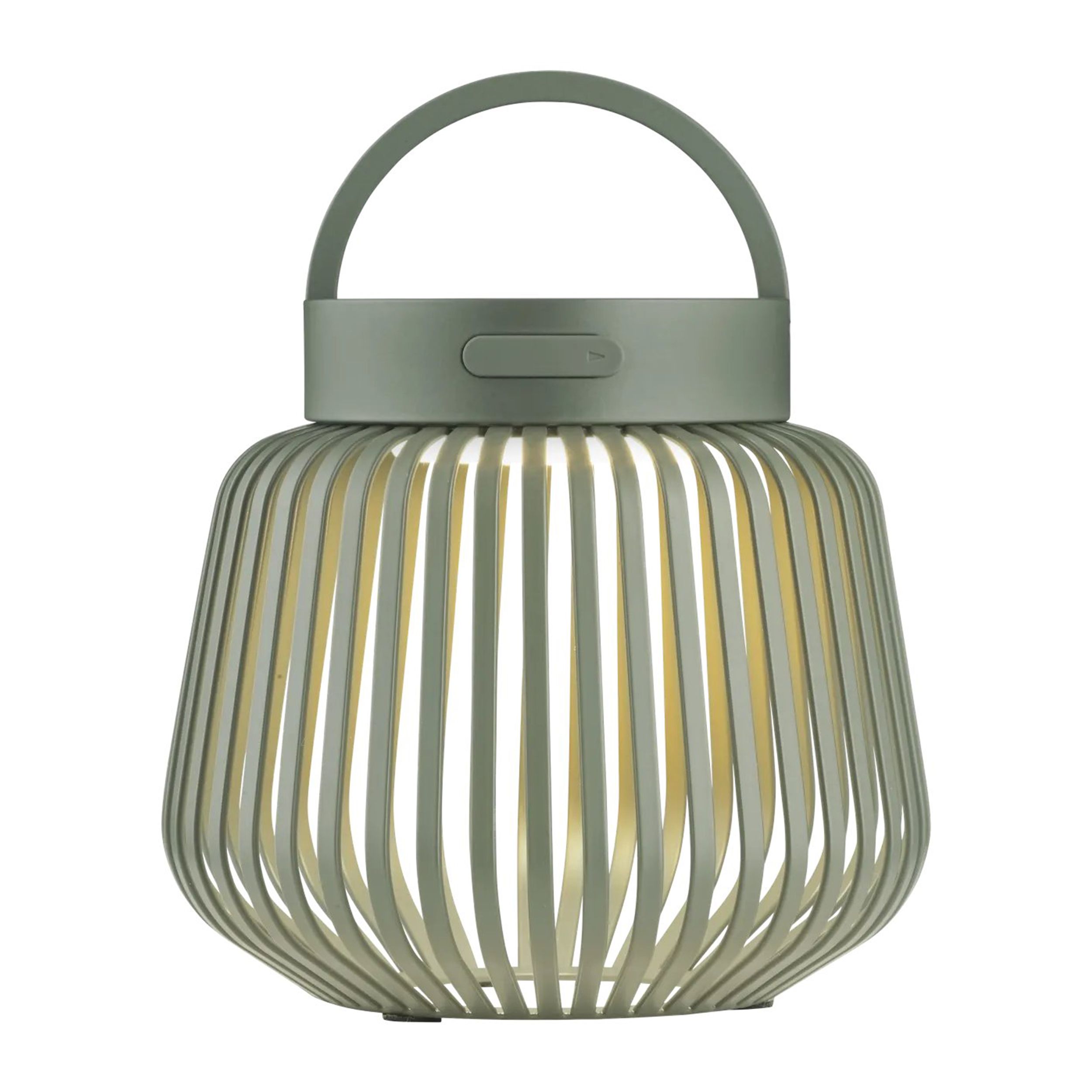 Mobile LED Leuchte Lito XS leuchtend von Blomus grün vor weissem Hintergrund